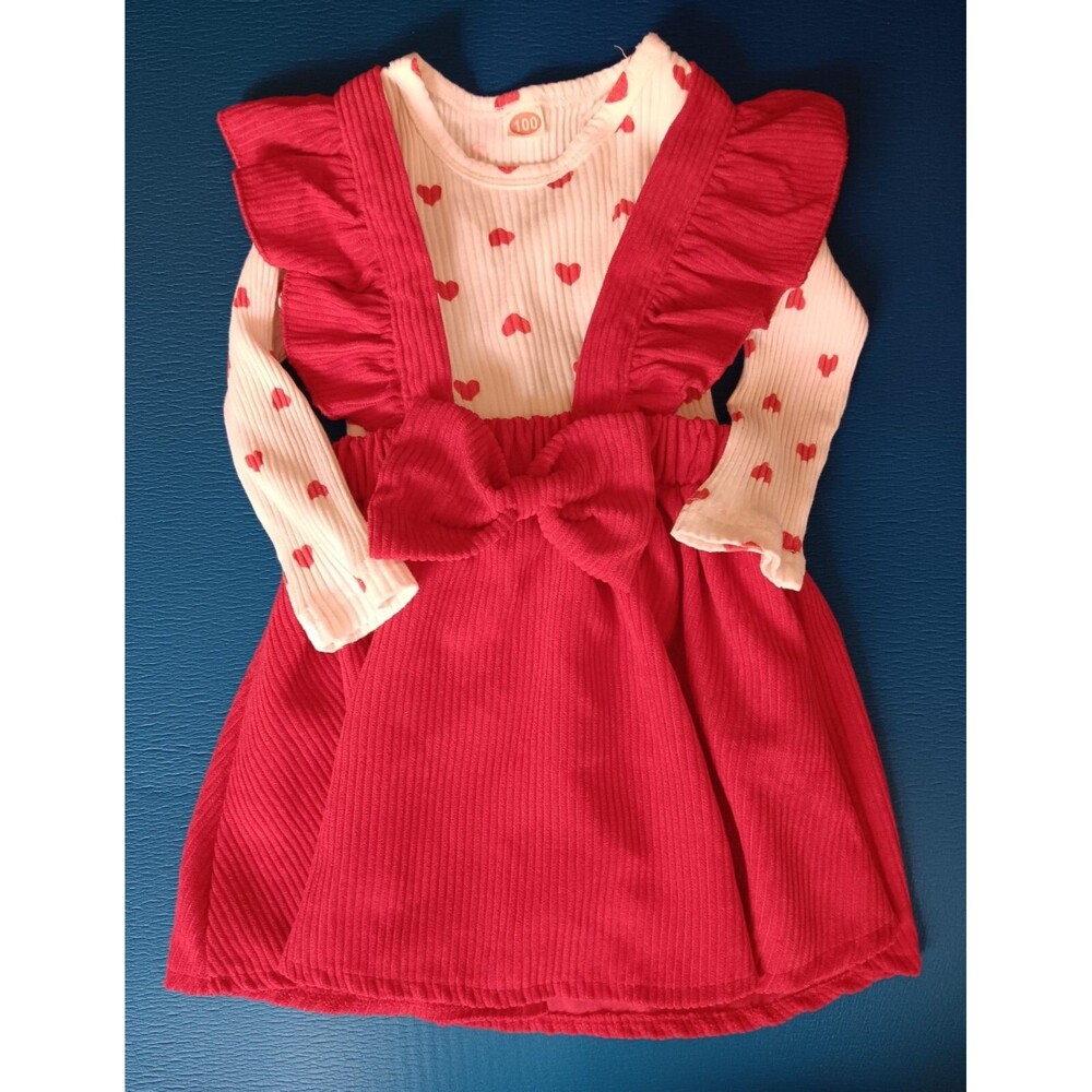 Dress 12 Months Baby Girls Red Corduroy Sweetheart With Hearts And Long Sleeves
